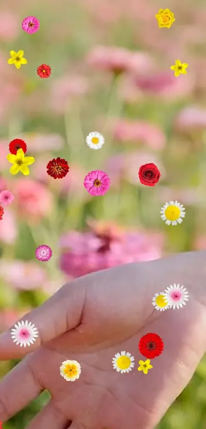 Hand with colorful flowers on pink background wallpaper.