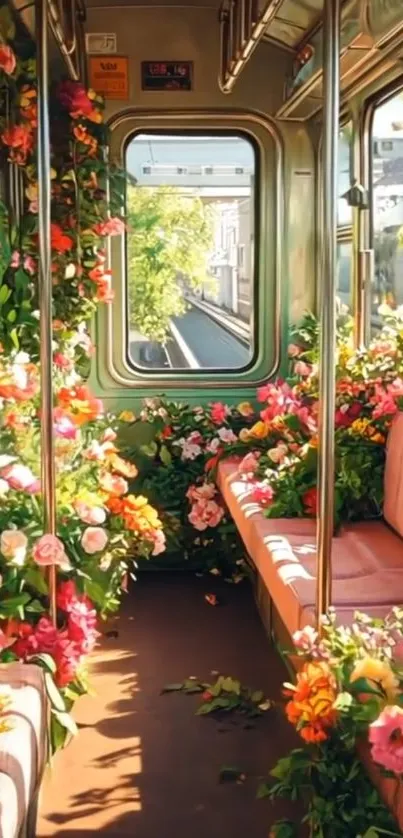 Train interior filled with vibrant blooming flowers and a scenic view outside.