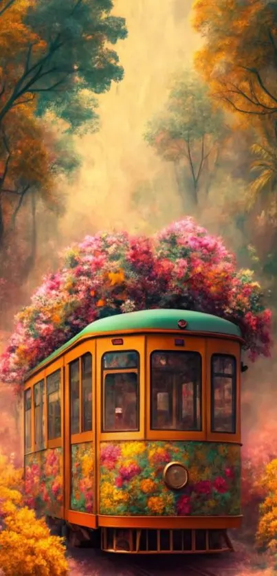 Vibrant floral tram journeying through a dreamlike woodland setting.