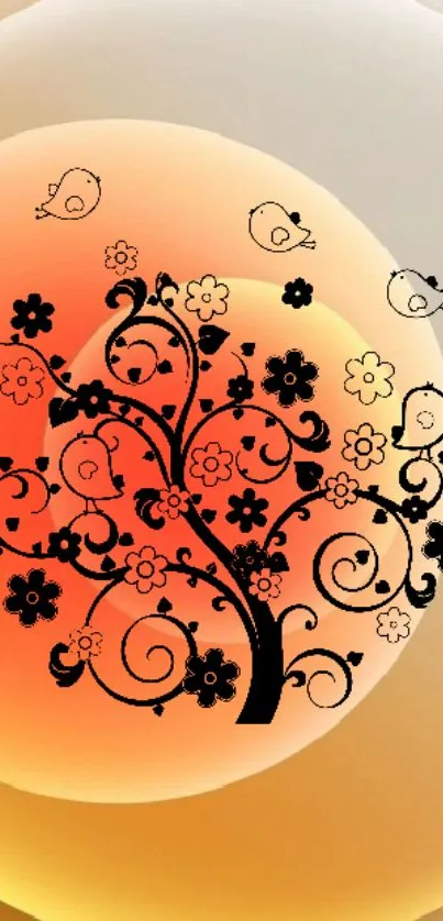 Ornamental floral tree against warm gradient background.