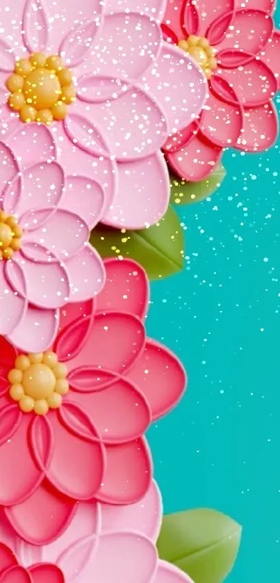 Vibrant floral phone wallpaper with pink and red flowers on a turquoise background.