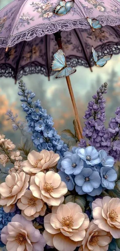 Floral umbrella with butterflies and flowers in nature.