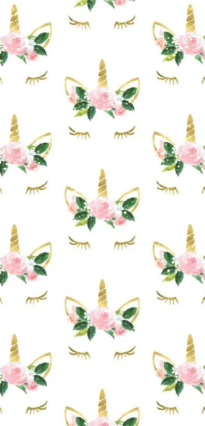 Floral unicorn design with roses on a white background wallpaper.