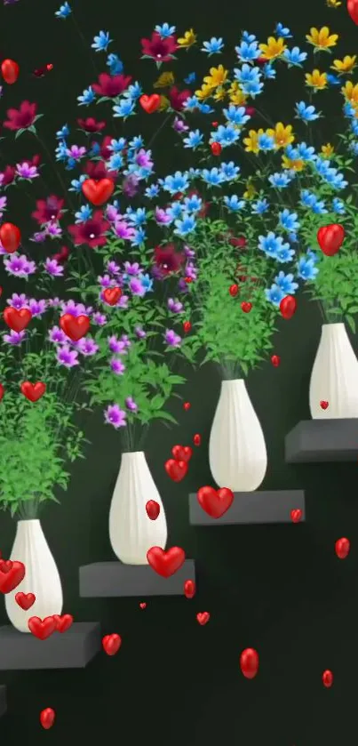 Colorful flower vases wallpaper with heart designs.