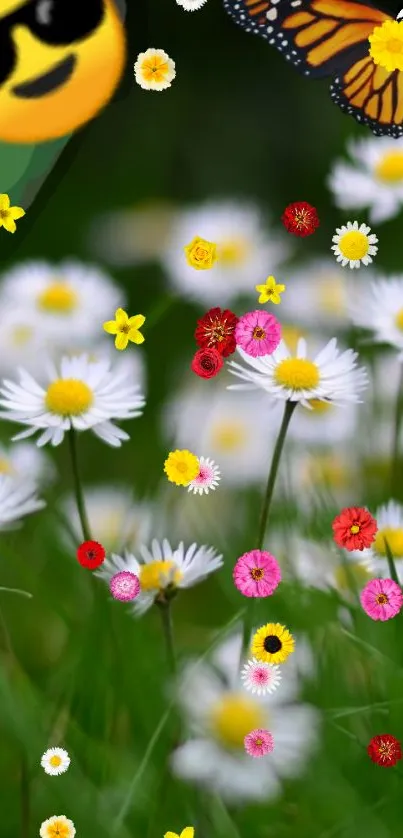 Floral mobile wallpaper with daisies and colorful flowers on a green background.