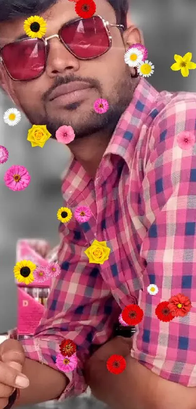 Vibrant wallpaper with flowers and pink plaid shirt design.