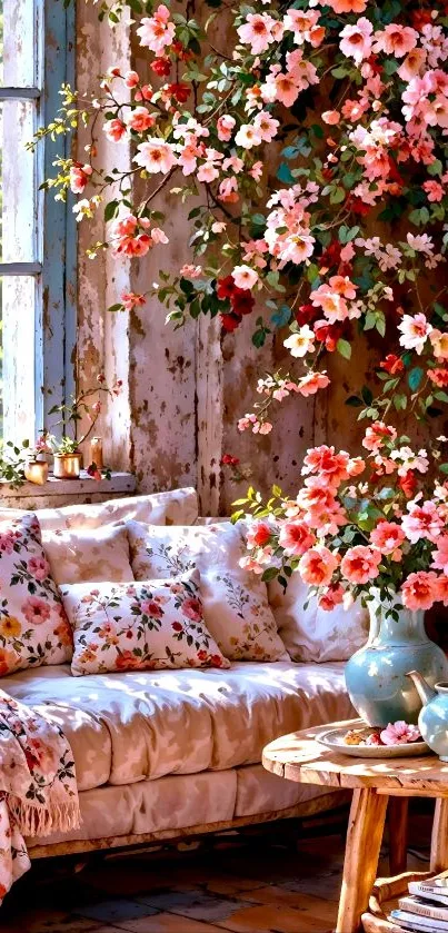 Vintage living room with floral decor and pink flowers.