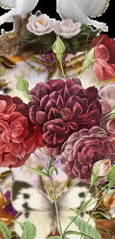 Vintage floral wallpaper with roses, creating an elegant moody effect.