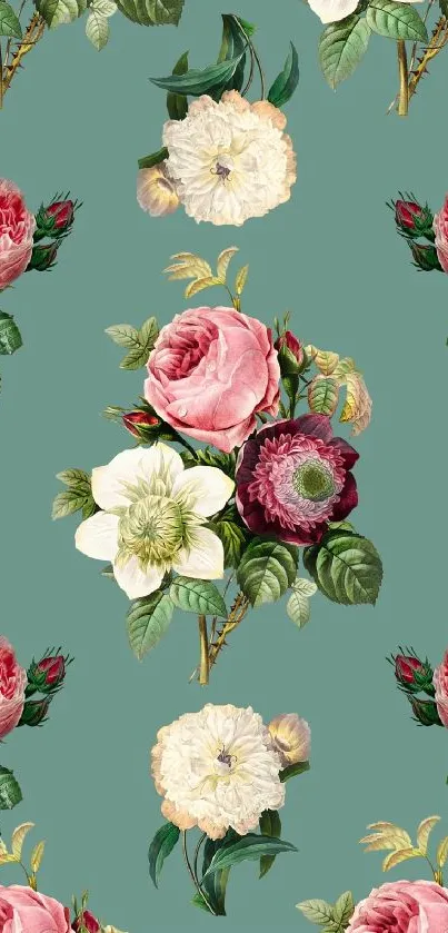 Vintage floral wallpaper with roses on teal background.