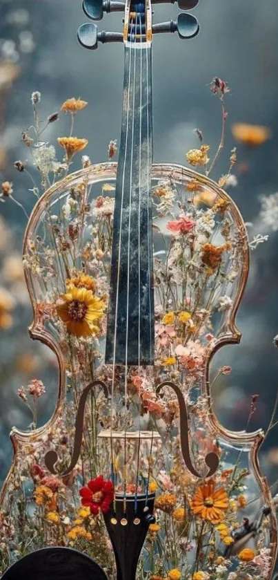 Violin with vibrant flowers creating a beautiful blend of nature and music.