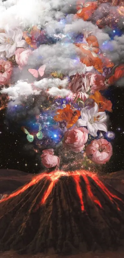 Volcanic eruption with flowers and butterflies under a starlit sky.