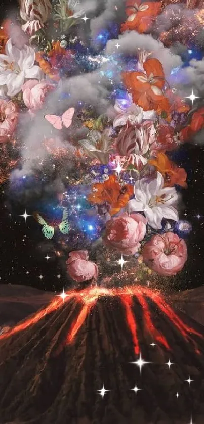 Surreal floral volcanic explosion in starry night sky scene.