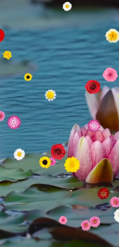 Phone wallpaper with pink lotus and flowers on a blue water background.