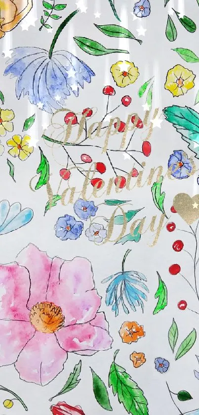 Colorful floral watercolor wallpaper with festive lettering and blossoms.