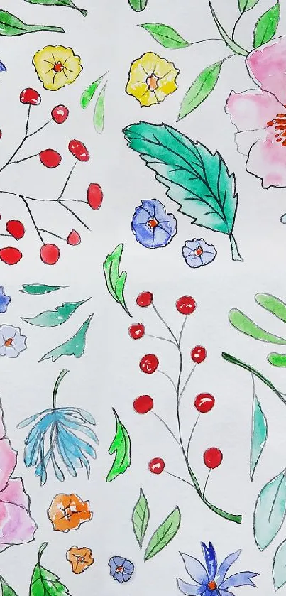 Vibrant floral watercolor wallpaper with colorful flowers and leaves.