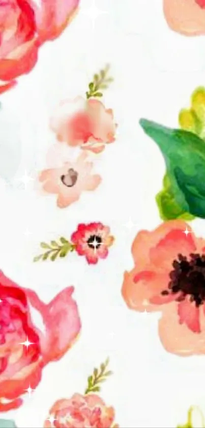 Floral watercolor wallpaper with pink and red flowers on a light background.