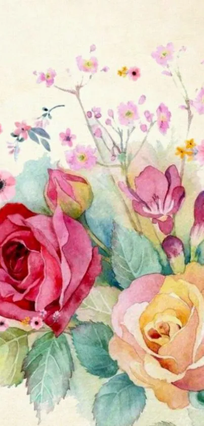 Watercolor floral wallpaper with roses and pink flowers.