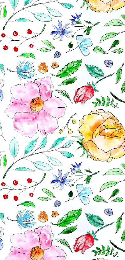 Vibrant floral watercolor wallpaper with colorful flowers and leaves.