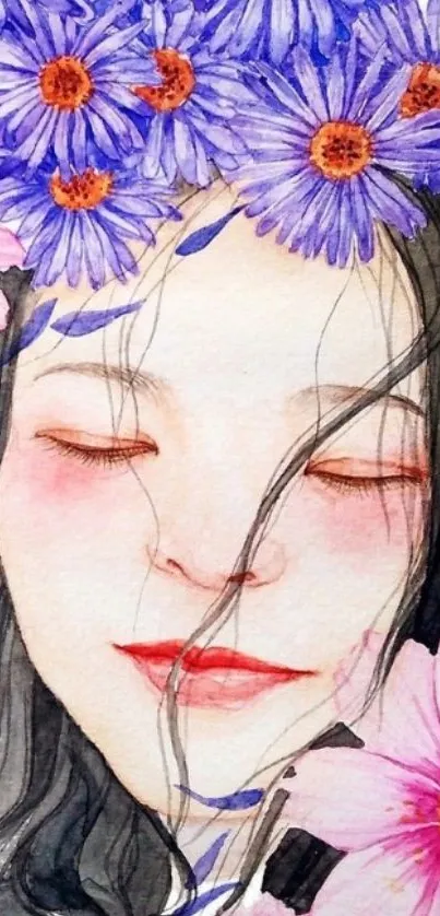 Watercolor illustration of a woman with purple and pink flowers.