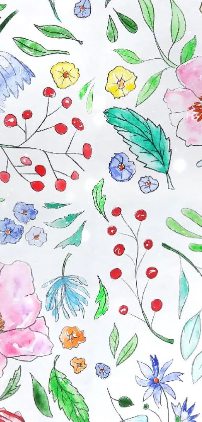 Colorful floral watercolor wallpaper with vibrant flowers and leaves.