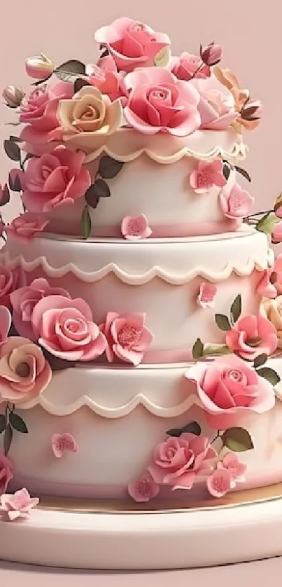Three-tier cake decorated with pink roses.