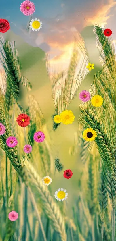 A vibrant phone wallpaper with flowers in a wheat field at sunset.