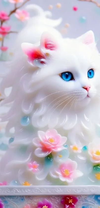 Artistic white cat with cherry blossoms in a colorful design.