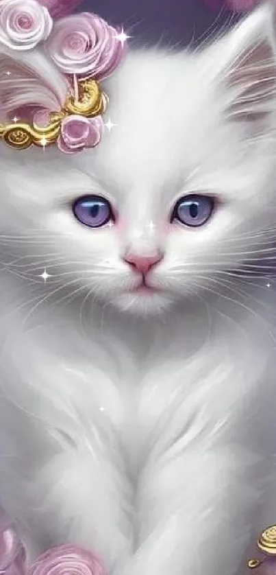 White cat with pink flowers and gold accents in a floral design.