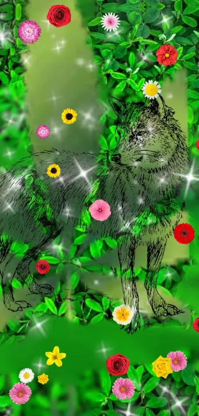 Wolf surrounded by colorful flowers and lush green leaves.