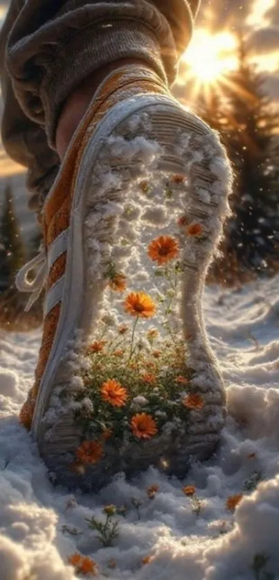 Sneaker print with flowers in snow under sunset