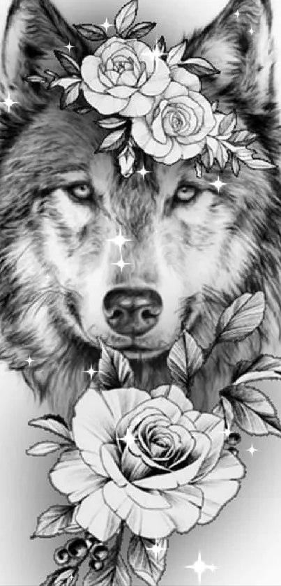 A black and white wolf decorated with flowers.