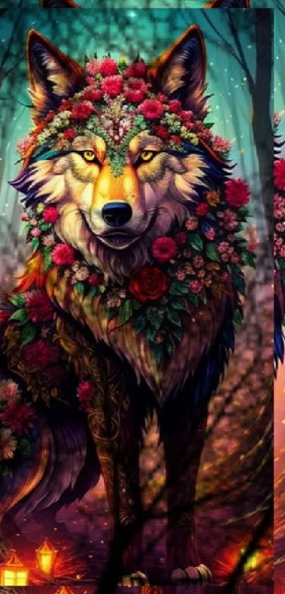 Floral wolf in fantasy forest artwork for mobile wallpaper.