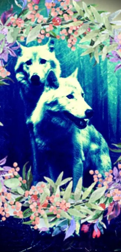 Two wolves framed by a floral wreath in a teal forest ambiance.