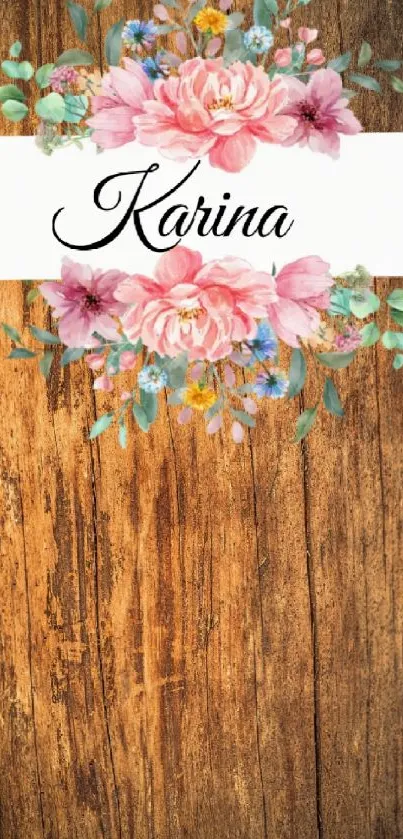 Floral design on rustic wood wallpaper for mobile device.