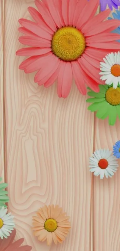 Colorful floral wallpaper with wooden texture.