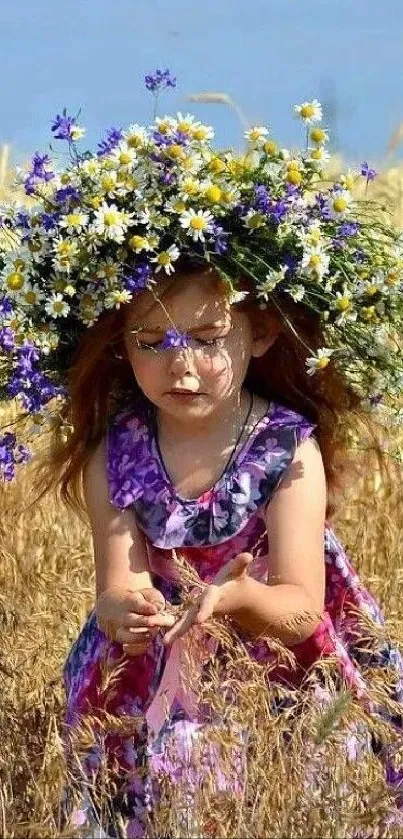 Girl with floral wreath in wheat field, vibrant and scenic.