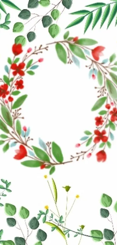 Floral wreath with red flowers and green leaves on a white background.