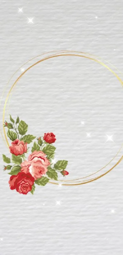 Elegant floral wreath with red roses on white background.