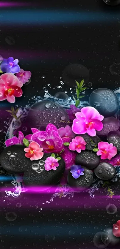 Black stones with pink flowers and water droplets.