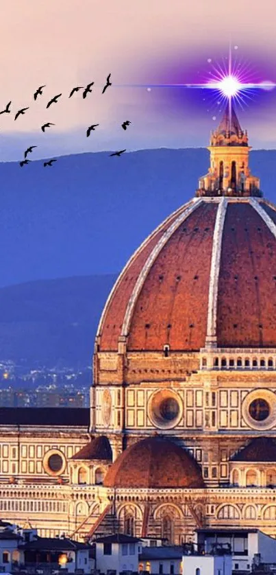 Florence dome at sunset with purple glow and birds.