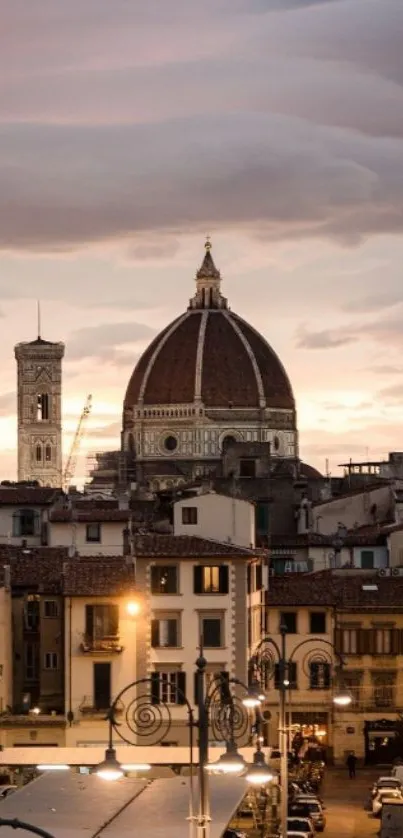 Florence skyline featuring a lit dome under a visually stunning dusk sky.