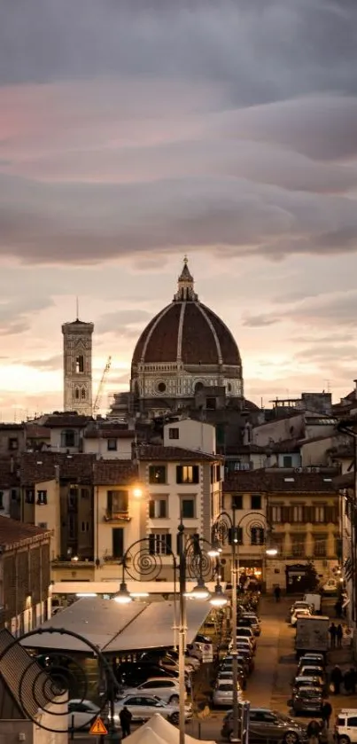 Florence skyline with sunset and dome, city view.