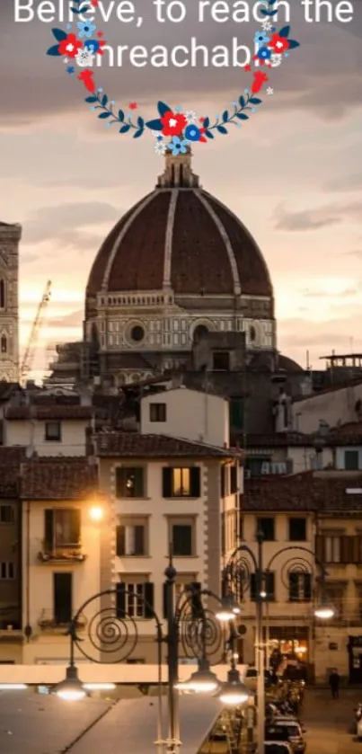 Florence skyline with dome at sunset, creating a warm and captivating view.