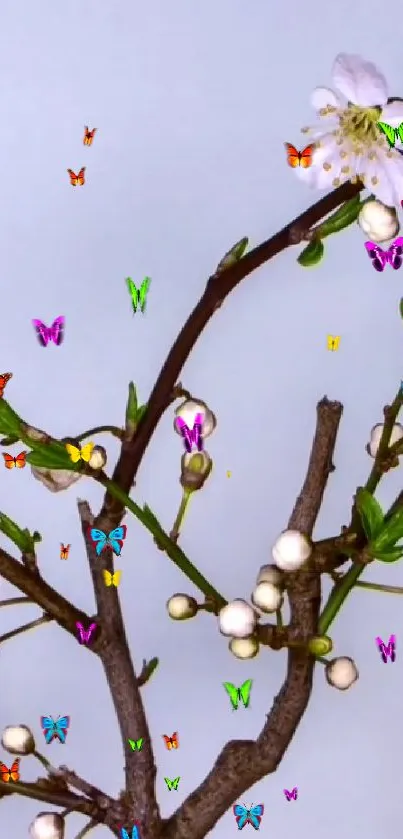 Flower-filled branch with butterflies fluttering around.