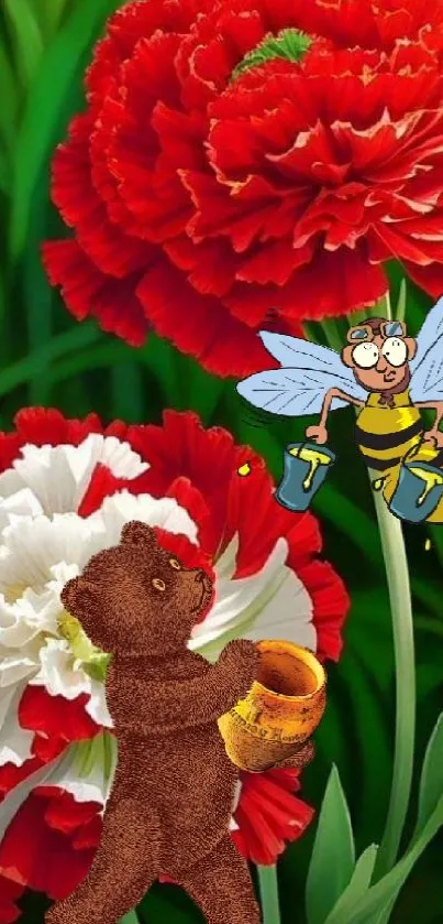 Cartoon bees and bear with red flowers background.