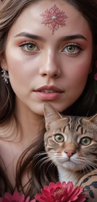 Woman surrounded by flowers and holding a cat.