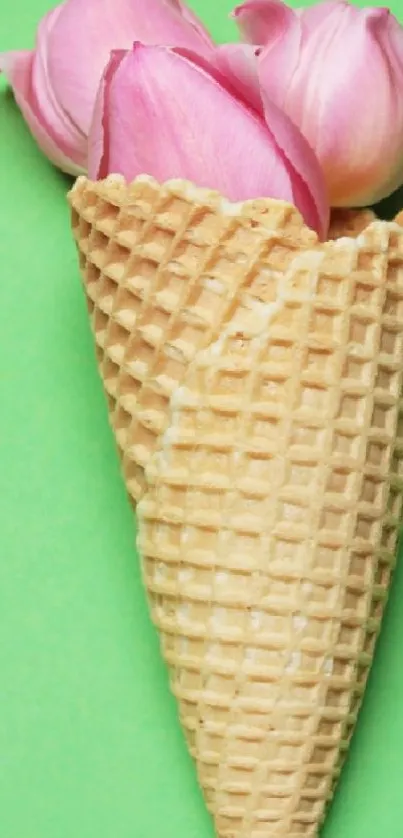 Pink flowers in a waffle cone against a green background wallpaper.