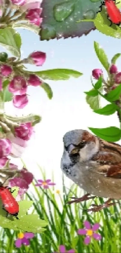 Sparrow among blooming flowers and lush greenery in spring wallpaper.