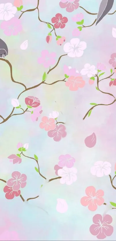 Pastel floral wallpaper with blossoms and birds.