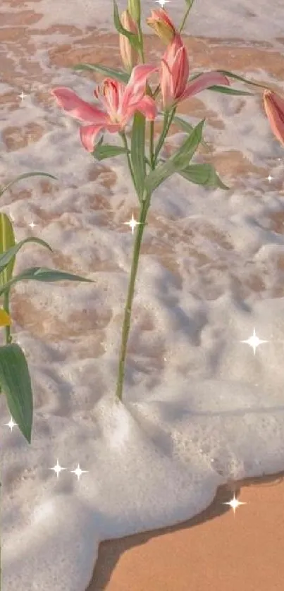 Vibrant flowers growing on a sandy beach with gentle ocean waves.